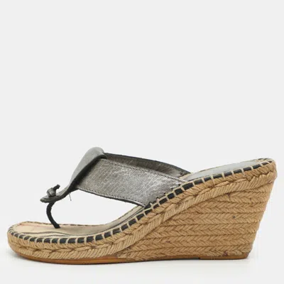 Pre-owned Burberry Size 38 Grey Leather Espadrilles Wedge Sandals