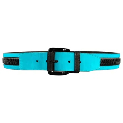Pre-owned Burberry Size 38 Turquoise Leather Zipper Belt In Blue