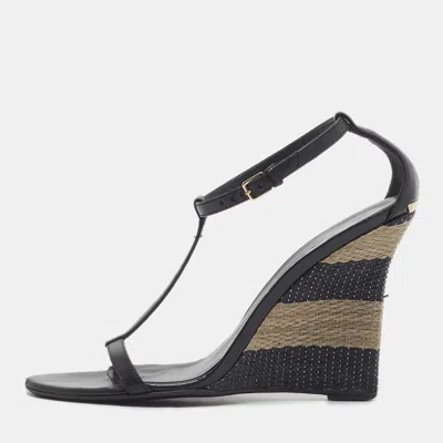 Pre-owned Burberry Size 38.5 Black Patent Leather T Strap Wedge Sandals