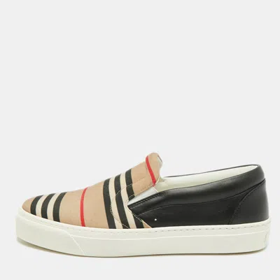 Pre-owned Burberry Size 40 Beige/black Stripe Canvas And Leather Slip On Sneakers In Sand