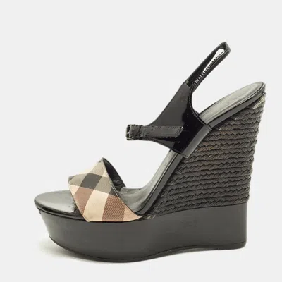 Pre-owned Burberry Size 40 Black/beige Canvas And Patent Leather Wedge Sandals