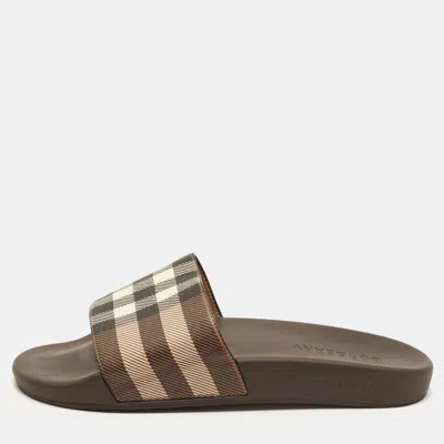 Pre-owned Burberry Size 46 Beige Check Canvas Flat Slide In Sand