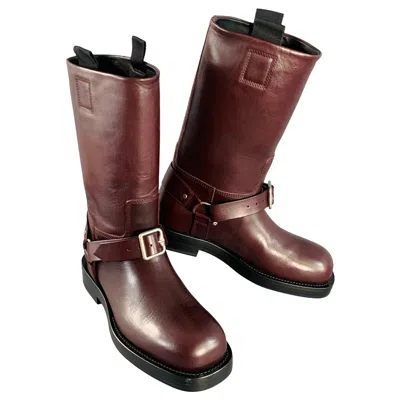 Pre-owned Burberry Size 9.5 Burgundy Leather Calf High Pull On Harness Boots In Red