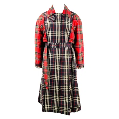 Pre-owned Burberry Size L Multi Color Cotton Plaid Belted Trench Coat In Black
