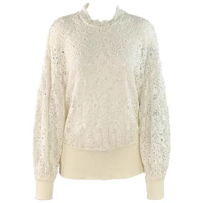 Pre-owned Burberry Size M White Cotton Blend Guipure Lace Long Sleeve Blouse