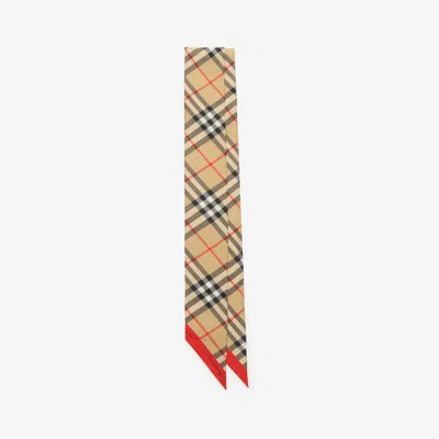 Burberry Skinny Contrast Check Silk Scarf In Brown