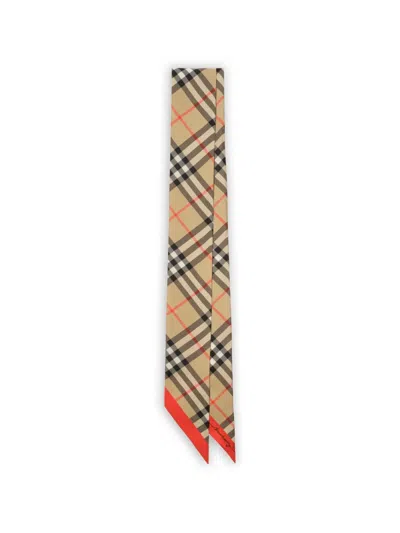 Burberry Skinny Contrast Check Silk Scarf Accessories In Brown