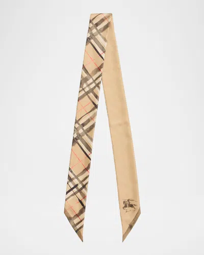 Burberry Skinny Watercolor Check Silk Scarf In Sand