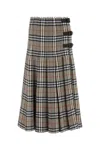 Burberry Beige Midi Skirt With Side Buckle Closure And All-over Check Motif In Wool Woman In Gray