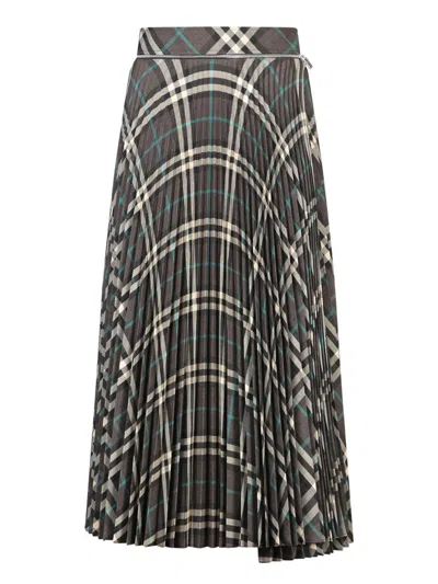 Burberry Women Long Multicolor Pleated Skirt With Check Motif In Wool Blend Woman