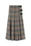 Burberry Women Beige Midi Skirt With Side Buckle Closure And All-over Check Motif In Wool Woman In Multi