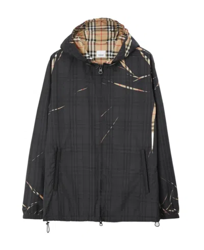 Burberry Zip-front Sliced Check Windbreaker Jacket In Black