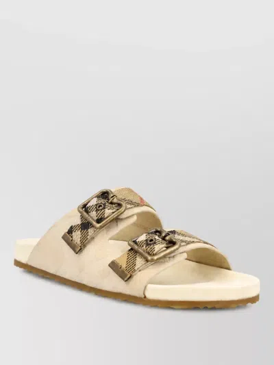 Burberry Slides Sandal Suede Check Medium Heel In Neutral
