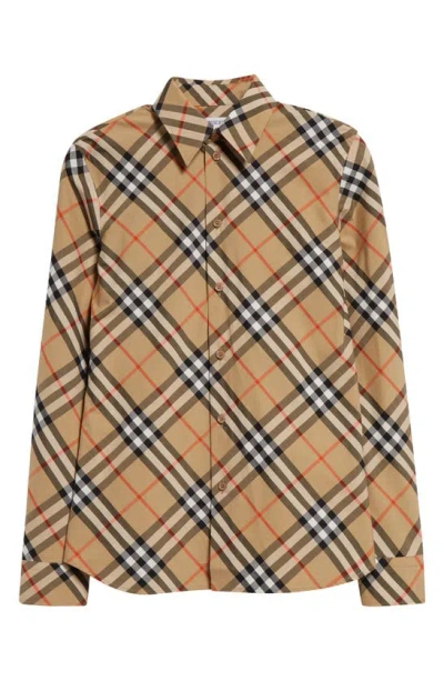 Burberry Women Beige Shirt With Classic Collar And All-over Check Motif In Cotton Woman In Brown