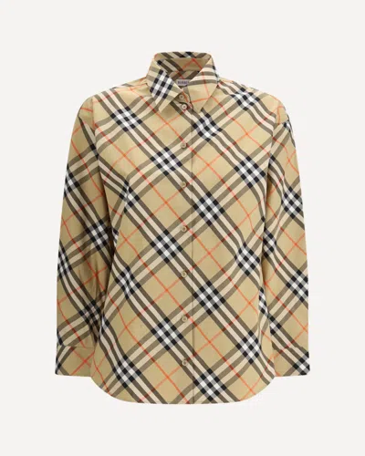Burberry Women Beige Shirt With Classic Collar And All-over Check Motif In Cotton Woman In Brown