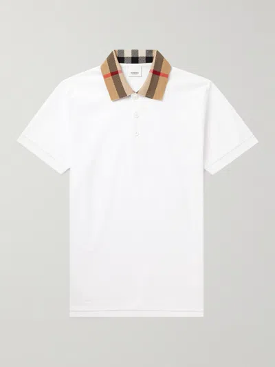 Burberry Check-collar White Polo Shirt With Three-button Placket