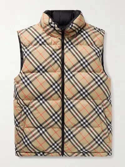 Burberry Beige Sleeveless Reversible Down Jacket With High Neck And All-over Check Motif In Tech Fabric Man In Neutral