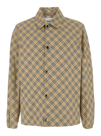 Burberry Slindon Beige Jacket With Classic Collar And All-over Check Motif In Tech Fabric Man