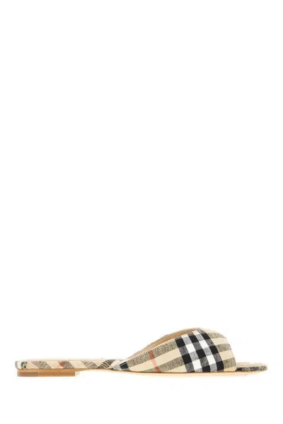 Burberry Embroidered Fabric Slippers In Sand Ip Check