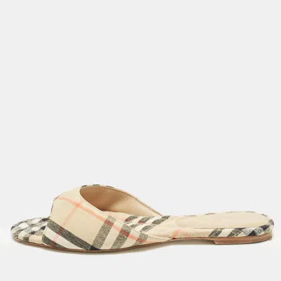 Pre-owned Burberry Sloane Size 40.5 Beige Check Fabric Flat Slide Sandals
