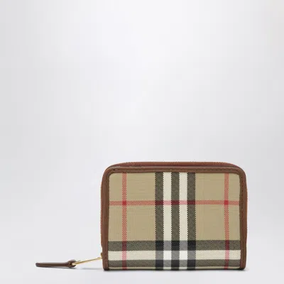 Burberry Small Beige Zip Wallet With Check Pattern In Brown