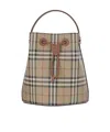 Burberry Check Pattern Canvas Bucket Bag With Top Handle And Leather Trim In Neutral