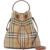 Burberry Drawstring Bucket Bag With Signature Plaid Pattern In Neutral