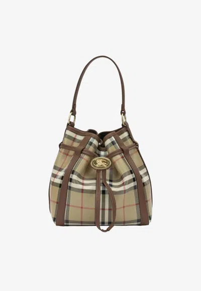 Burberry Small Check Bucket Shoulder Bag Top Handle In Nude