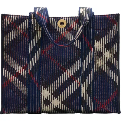 Burberry Small Check Knitted Tote In Marine