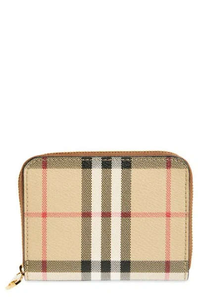 Burberry Beige Zip-around Wallet With Vintage Check Motif In Canvas Woman In Brown