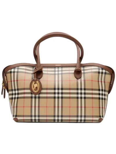Burberry Small Check Tote Bag With Zipper In Brown