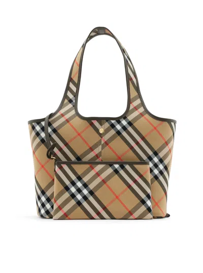 Burberry Small Check Tote In Brown