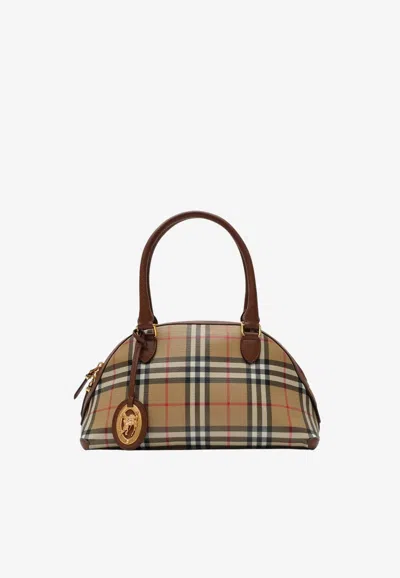 Burberry Small Primrose Canvas Check Top Handle Bag In Brown