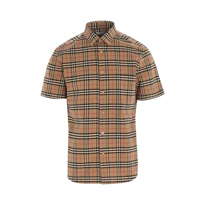 Pre-owned Burberry Small Scale Check Stretch Cotton Short-sleeve Shirt 'archive Beige' | Tan | Men's Size Xxl