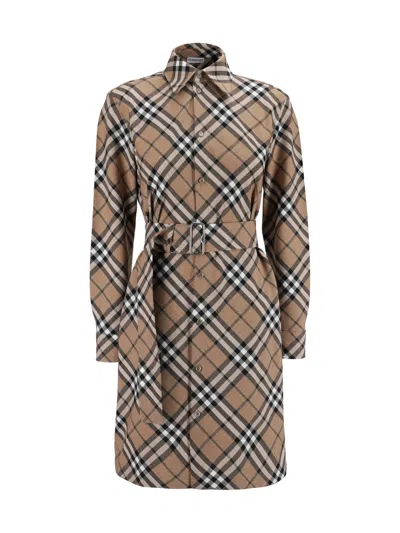 Burberry Chemisier Cotton Short Dress With Check Print In Nude