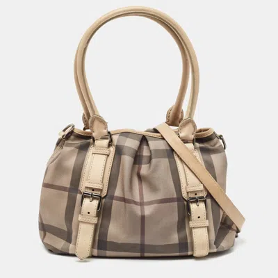 Pre-owned Burberry Smoked Check Pvc And Leather Lowry Tote In Beige