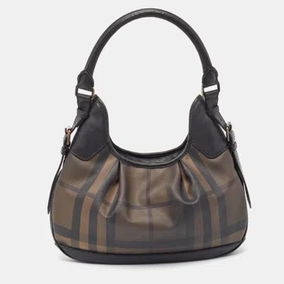 Pre-owned Burberry Smoked Check Pvc And Leather Small Brooklyn Hobo In Black