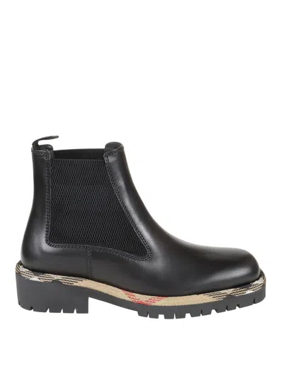 Burberry Smooth Leather Boots With Mesh Side Panels And Textured Detailing In Black