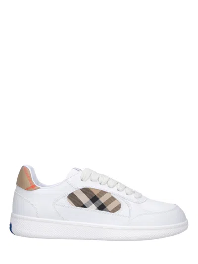 Burberry Terrace Sneakers In Leather And Beige Check Men In White