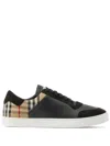 Burberry Black Sneakers With Suede Details And Check Motif In Leather Blend Man In Black/arbeig E Ip Chk