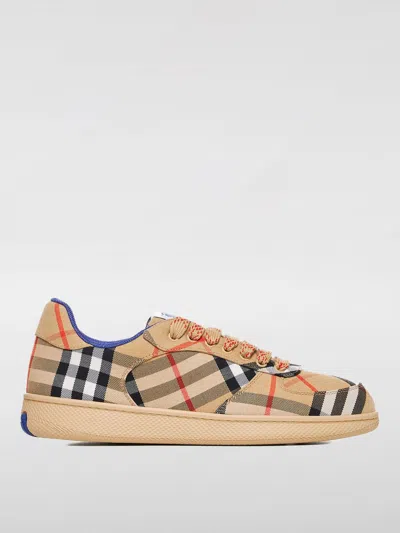 Burberry Men Beige Low Top Sneakers With Check Motif In Mixed Tech Fabrics Man In Brown