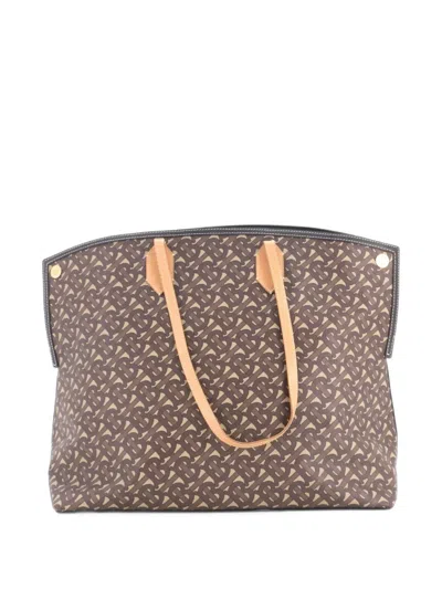 Pre-owned Burberry Society Monogram E-canvas Large Tote Bag In Brown
