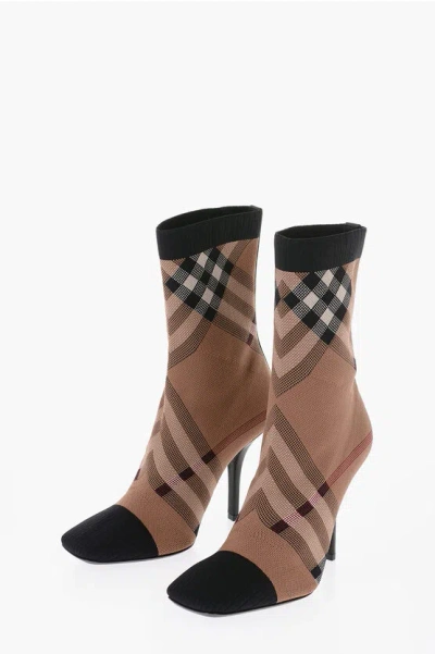 Burberry Dolman Check Stiletto Sock Booties In Brown