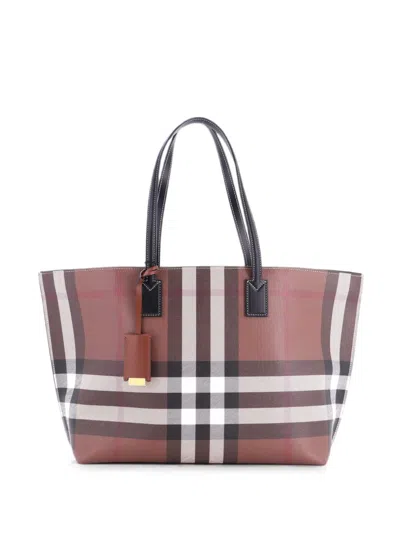 Pre-owned Burberry Soft Check E-canvas Medium Tote Bag In Brown