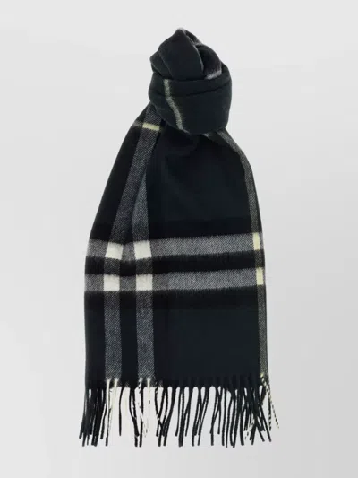 Burberry Soft Checkered Scarf Fringe Detailing In Black