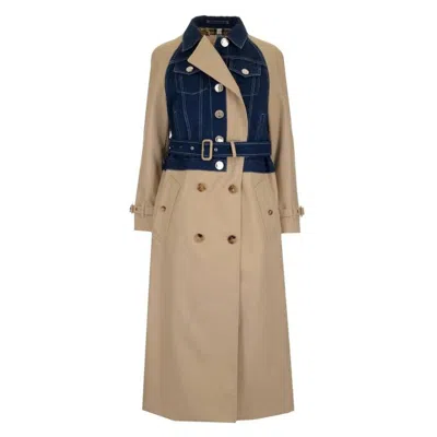 Burberry Soft Fawn Paneled Cotton Gabardine And Denim Trench Coat