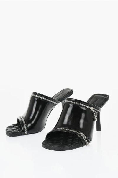 Burberry Solid Color Leather Sandals With Zip Detail Heel 10cm In Black