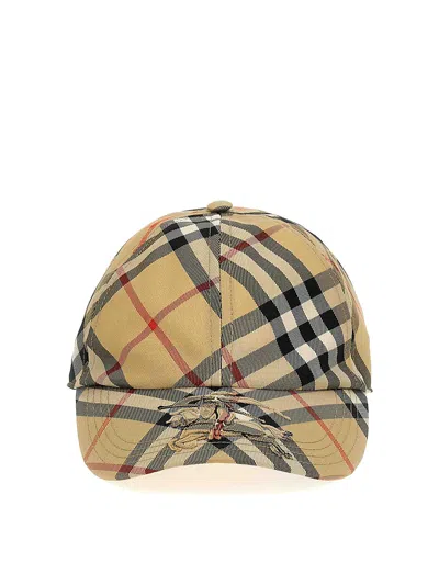 Burberry Check Pattern Logo Cap With Curved Brim In Beige