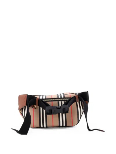 Pre-owned Burberry Sonny Waist Bag Icon Stripe E-canvas Medium Belt Bag In Brown