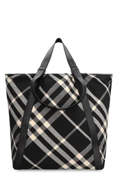Burberry Large Leather-trimmed Checked Jacquard Tote Bag In Black